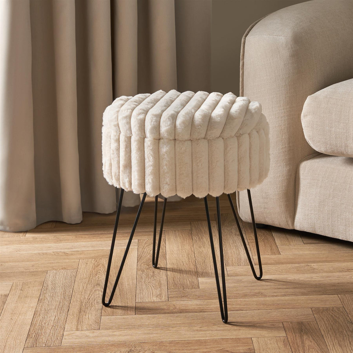 OHS Faux Fur Stool Hairpin Ribbed Fleece Round Vanity Seat Foot Rest Chair