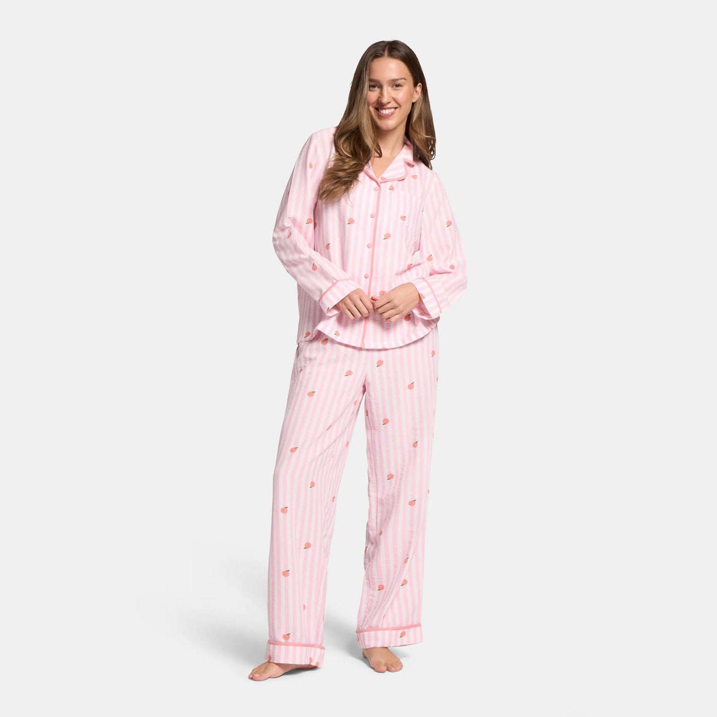 OHS Stripe Pyjama Set Womens Seersucker Button Through Soft Nightwear Loungewear