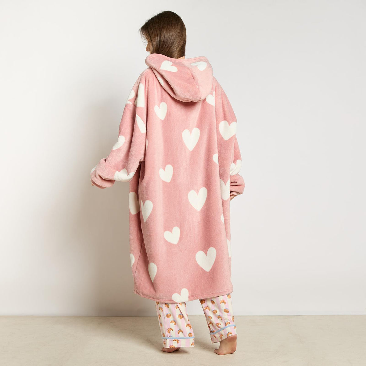 OHS Heart Print Hoodie Blanket Oversized Adult Fleece Sherpa Throw Jumper