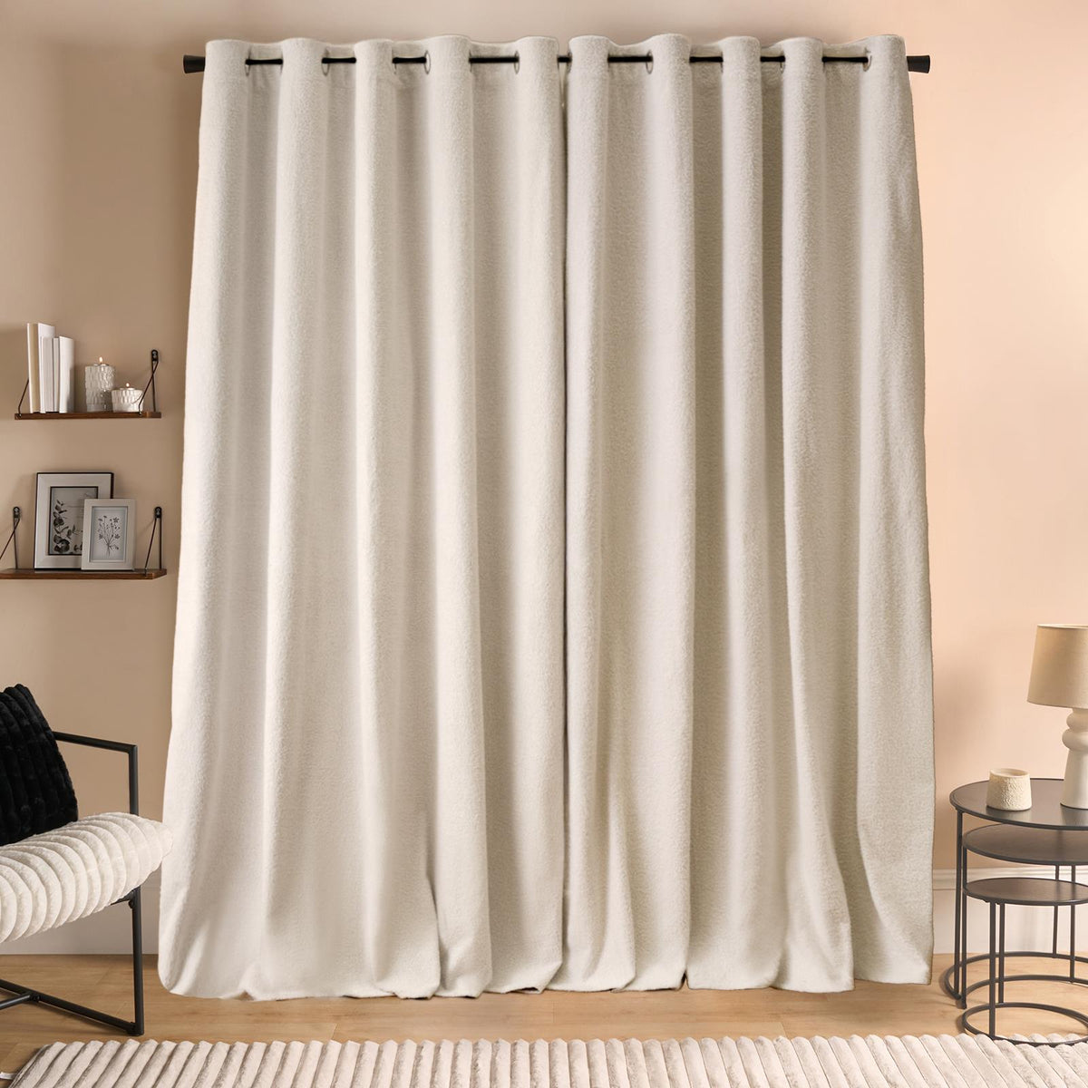 OHS Boucle Eyelet Curtains Blackout Pair Ready Made Ring Top Energy Saving