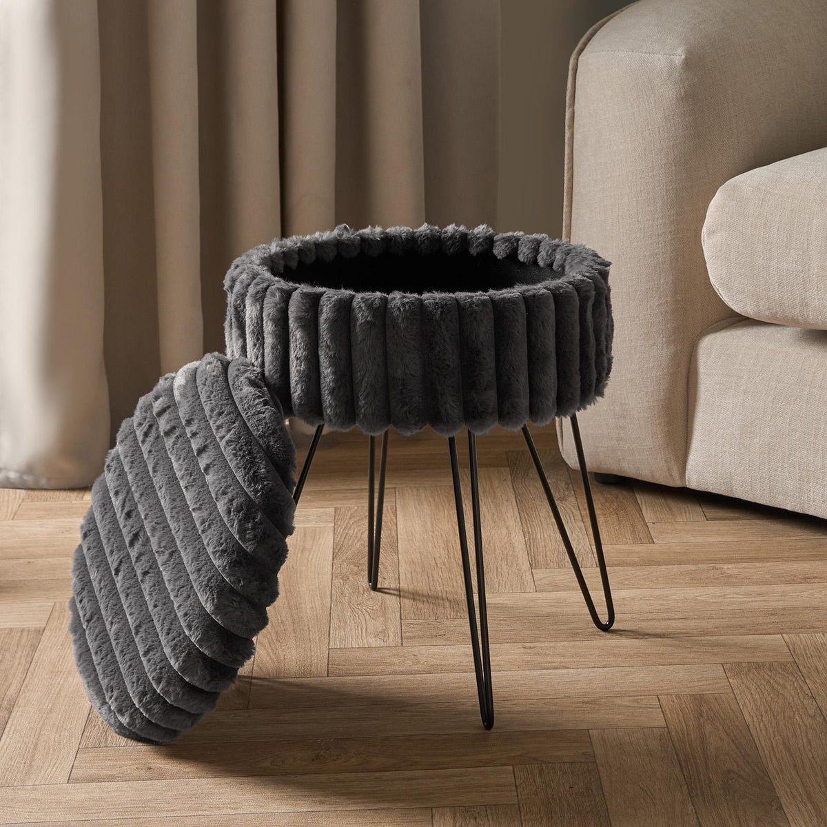 OHS Faux Fur Stool Hairpin Ribbed Fleece Round Vanity Seat Foot Rest Chair