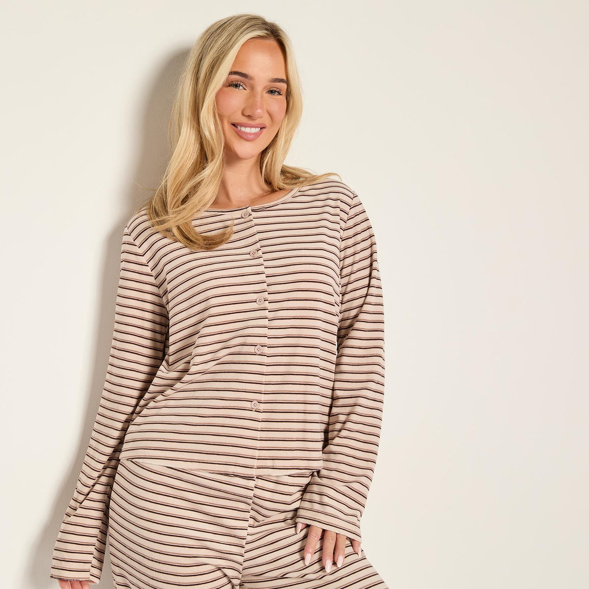 OHS Matte Velvet Loungewear Co-Ord Set Stripe Print Button Through Nightwear