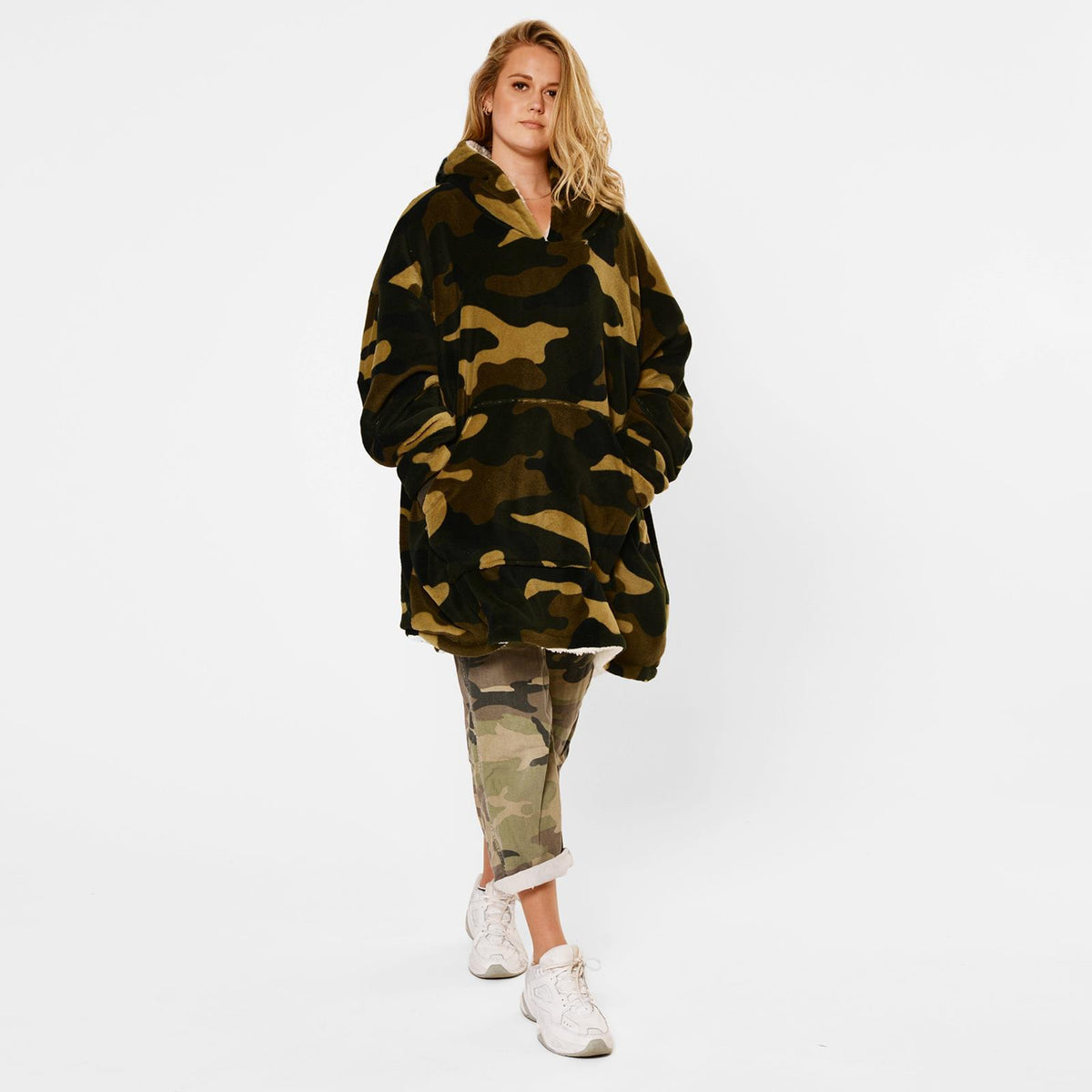 Dreamscene Camo Oversized Hoodie Blanket Giant Wearable Sherpa Sweatshirt, Khaki