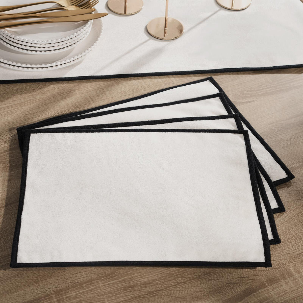 OHS Piped Trim Table Mats Runner Set Matte Velvet Placemats Home Decor