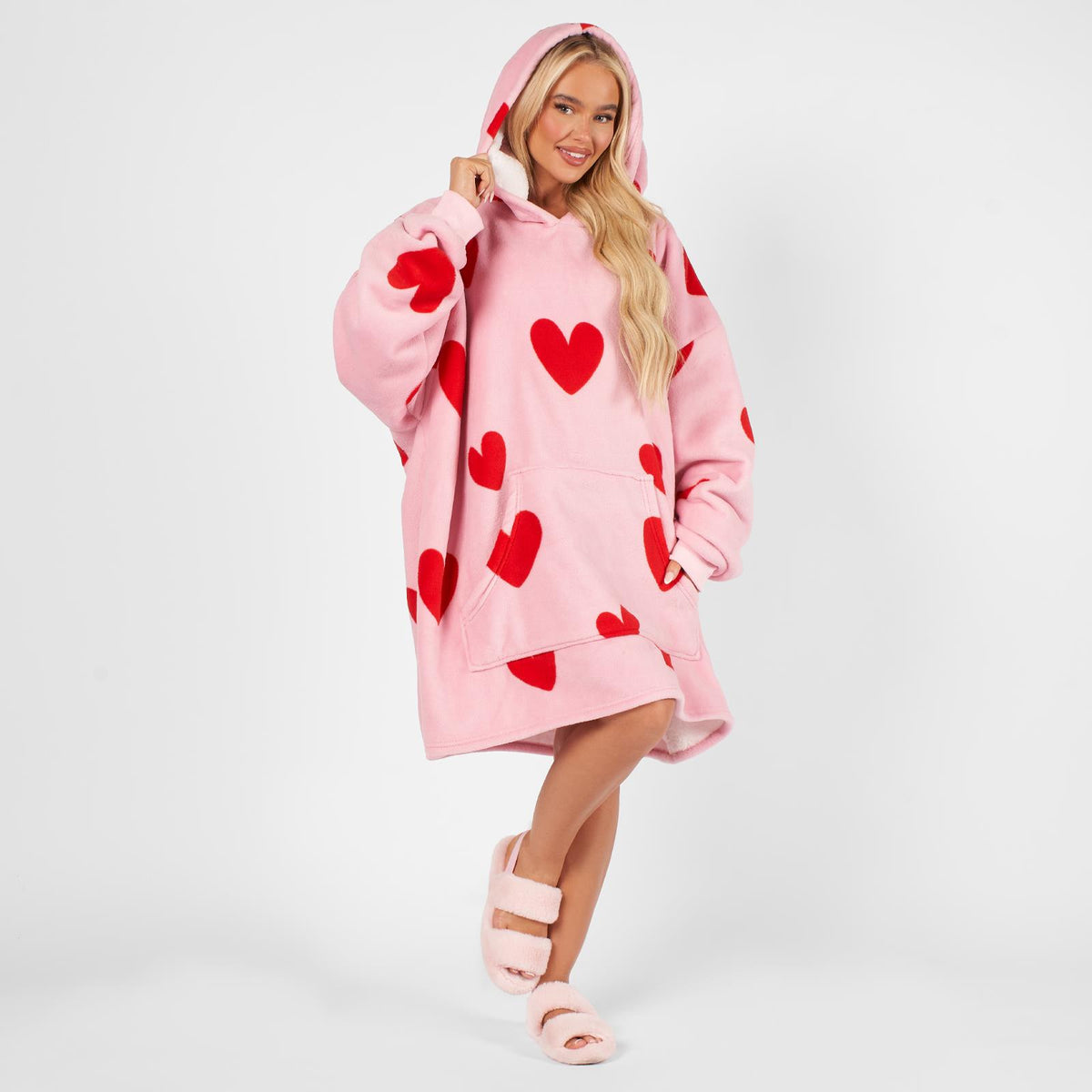 OHS Heart Print Hoodie Blanket Oversized Adult Fleece Sherpa Throw Jumper