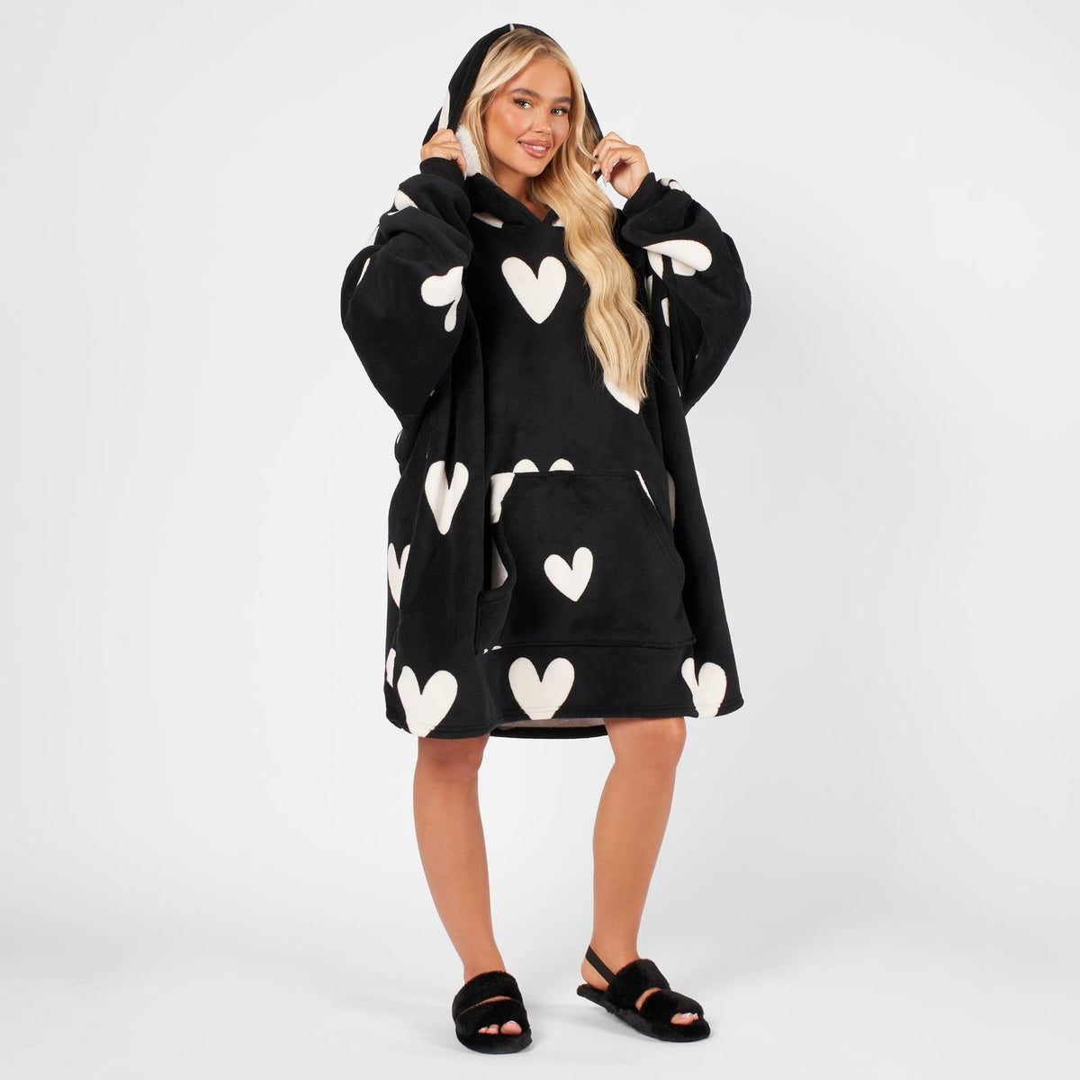 OHS Heart Print Hoodie Blanket Oversized Adult Fleece Sherpa Throw Jumper