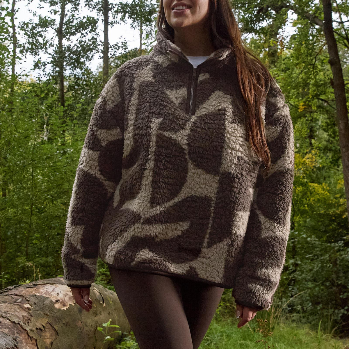 OHS Half Zip Hoodie Geometric Print Teddy Fleece Jumper Pullover Sweatshirt