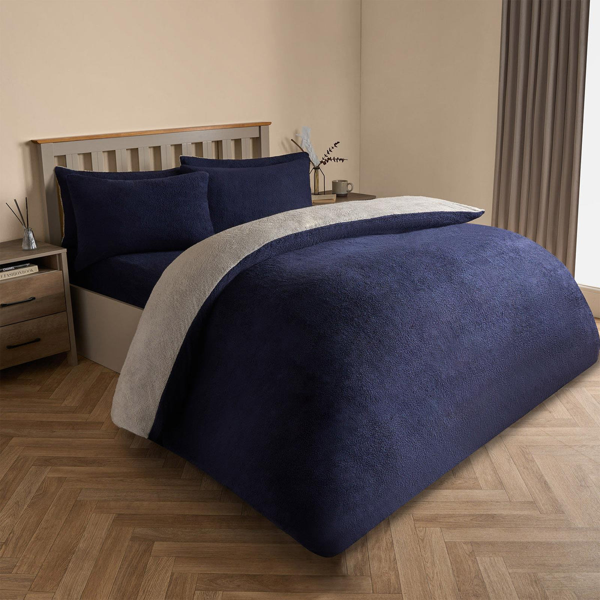 OHS Reversible Teddy Fleece Duvet Cover with Pillowcase Bedding Set Grey