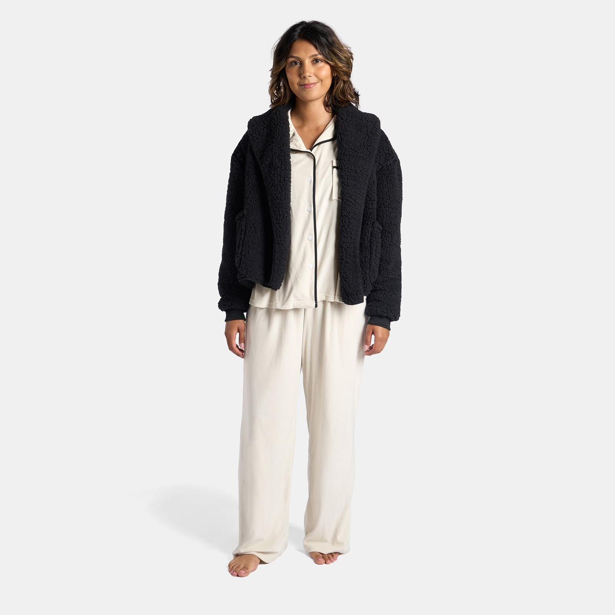 OHS Waterfall Short Cardigan Teddy Fleece Open Front Wrap Loungewear Outwear