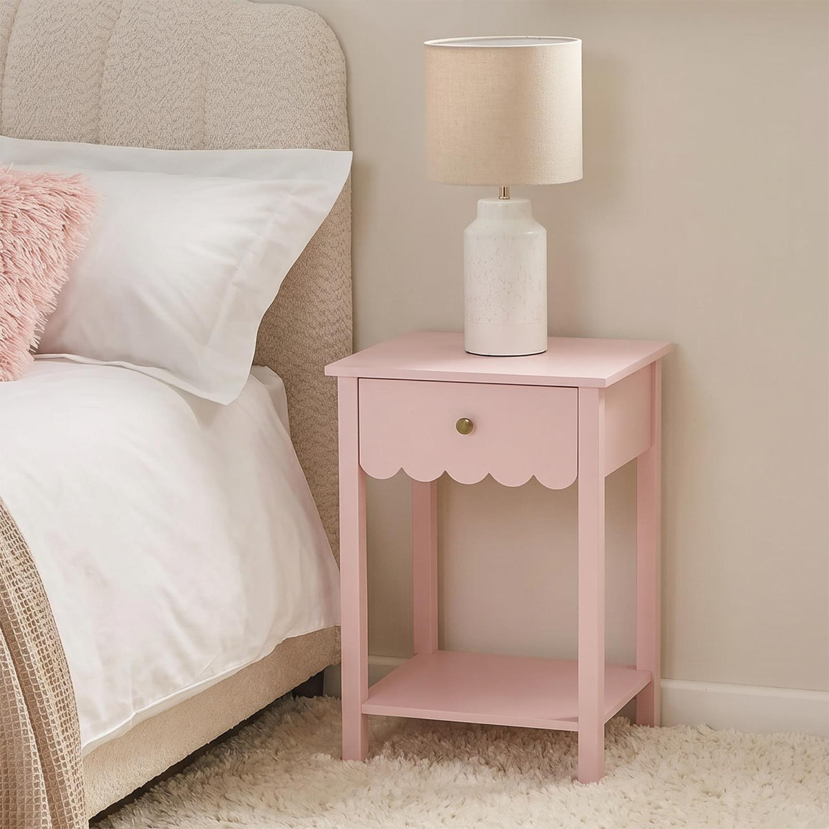 OHS Scallop Bedside Wood Nightstand 1 Drawer Storage Unit End Table Home Decor