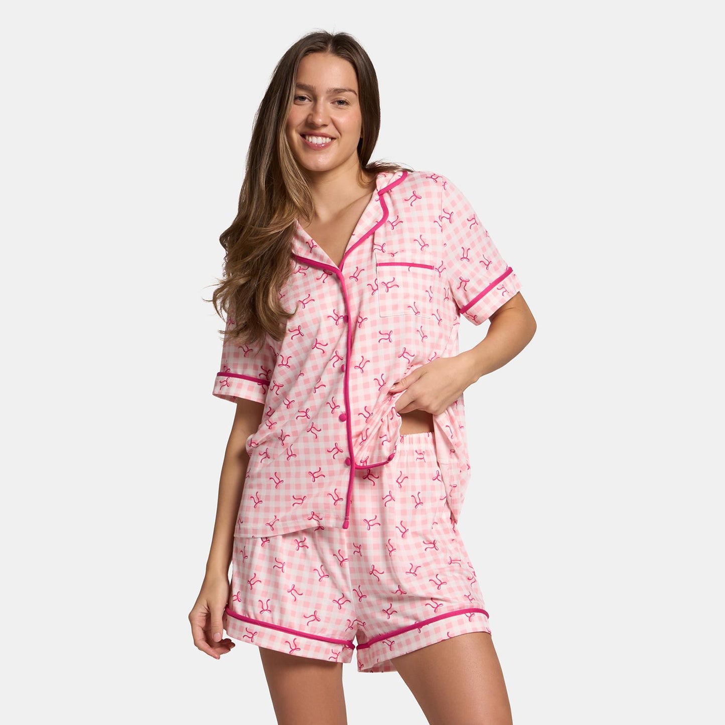 OHS Bows Short Pyjama Set Womens Jersey Button Through Soft Nightwear Loungewear