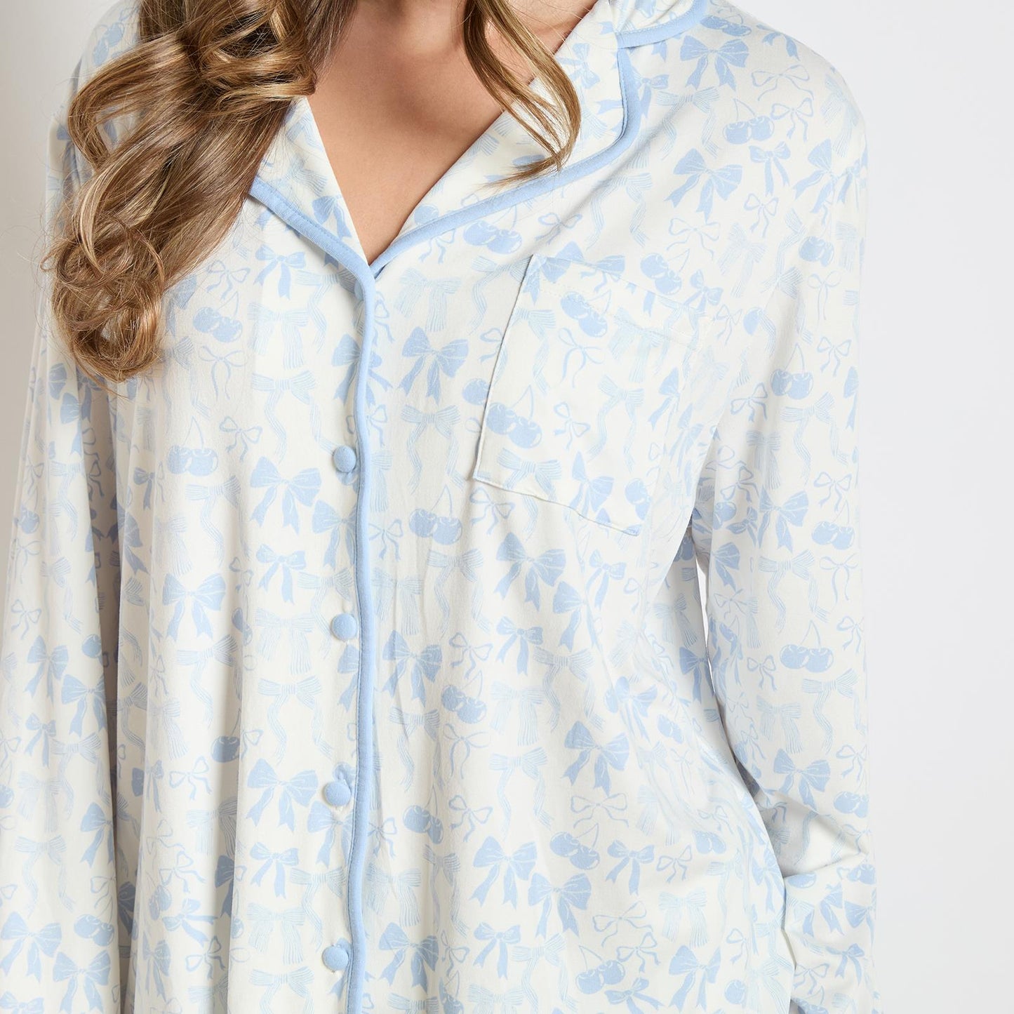OHS Bows Pyjama Set Womens Jersey Button Through Soft Nightwear Loungewear