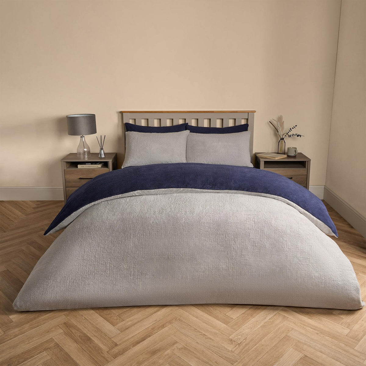 OHS Reversible Teddy Fleece Duvet Cover with Pillowcase Bedding Set Grey