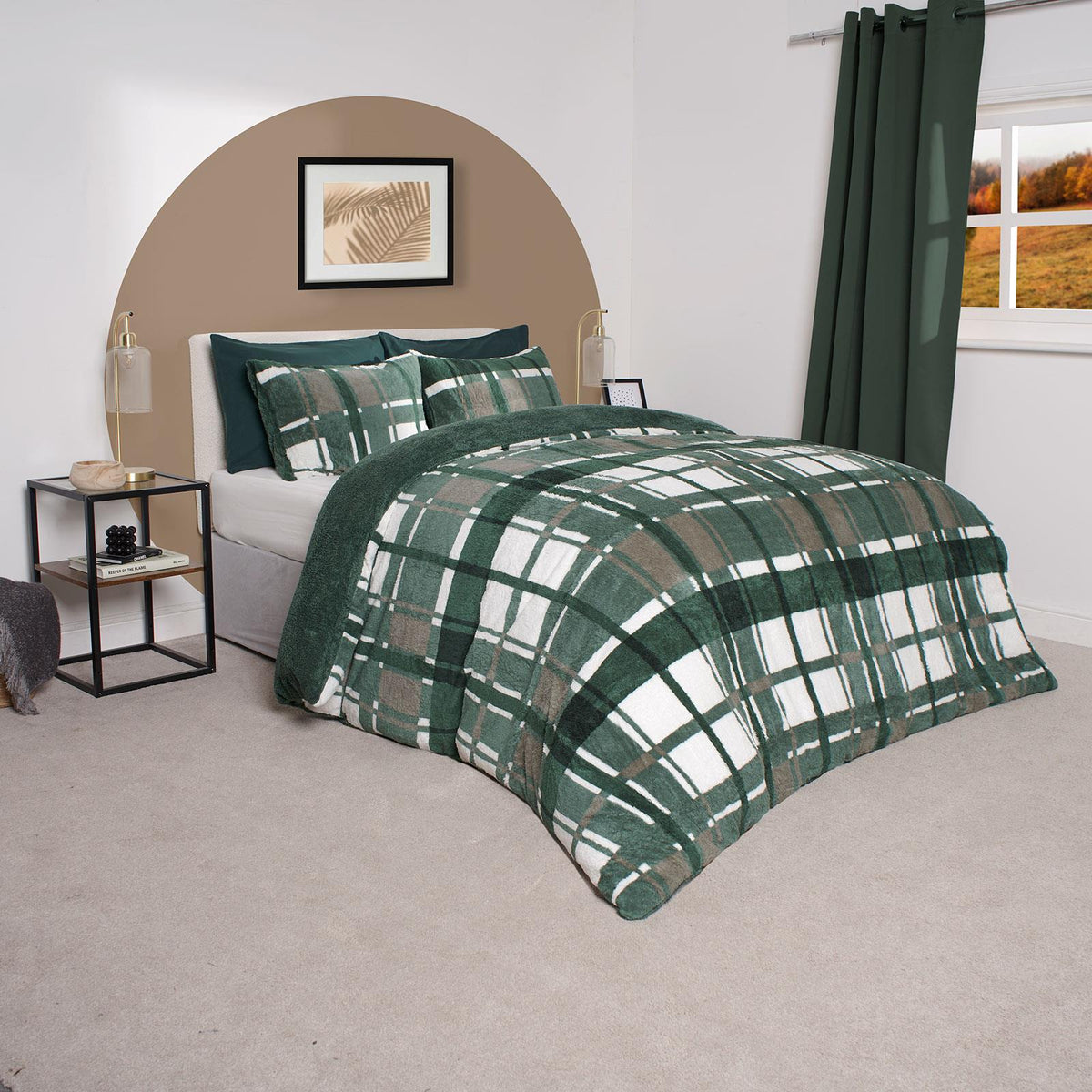 OHS Teddy Fleece Bedding Set Warm Winter Check Duvet Cover with Pillowcase