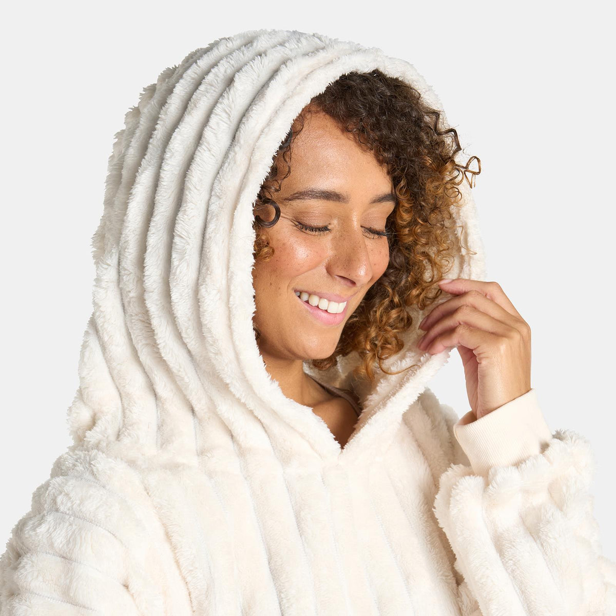 OHS Ribbed Flannel Hooded Blanket Fleece Wearable Throw Warm Oversized Hoodie