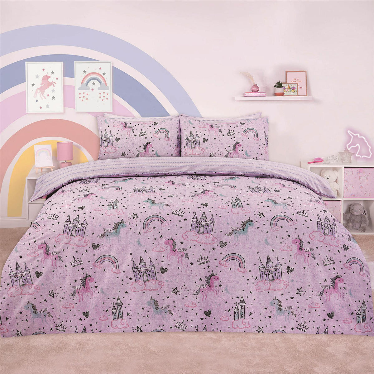 Dreamscene Unicorn Kingdom Duvet Cover and Pillowcase Kids Pink Star Bedding Set