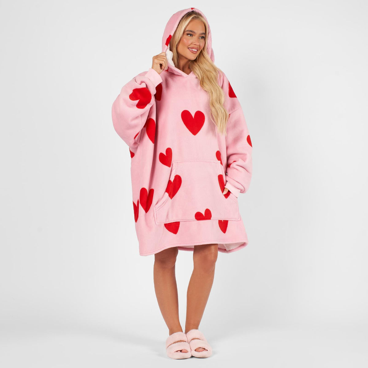 OHS Heart Print Hoodie Blanket Oversized Adult Fleece Sherpa Throw Jumper