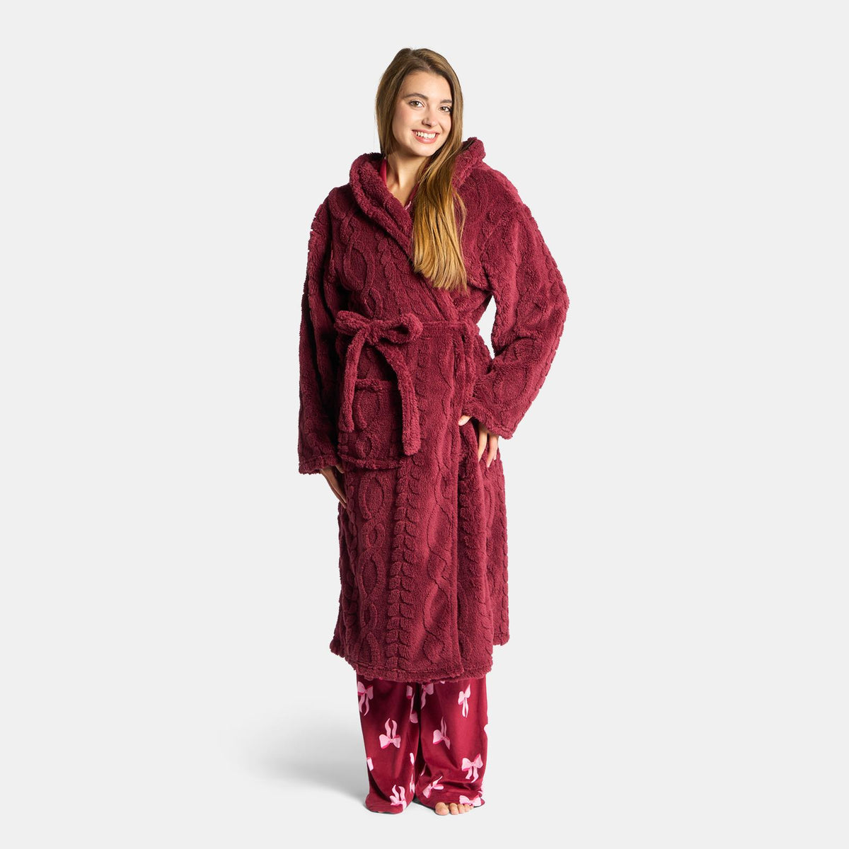 OHS Cable Knit Dressing Gown Flannel Fleece Winter Loungewear Hooded Bathrobe