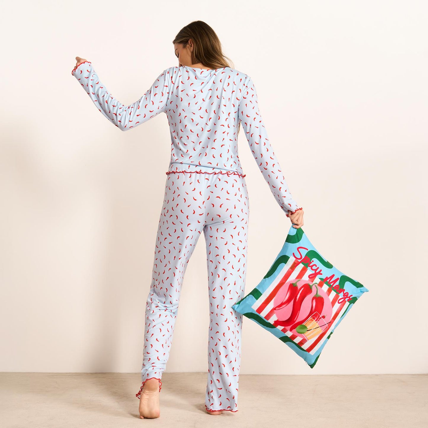 OHS Print Jersey Pyjama Set Womens Lettuce Edge Sleepwear Nightwear Loungewear