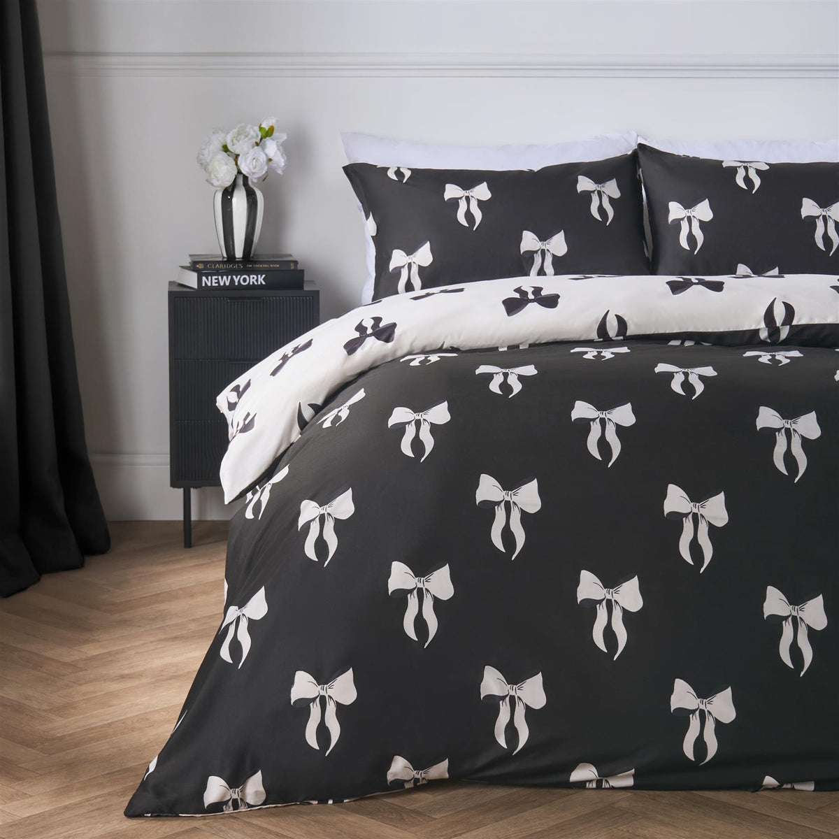 OHS Bow Reversible Duvet Cover Set with Pillowcase Polycotton Microfibre Bedding