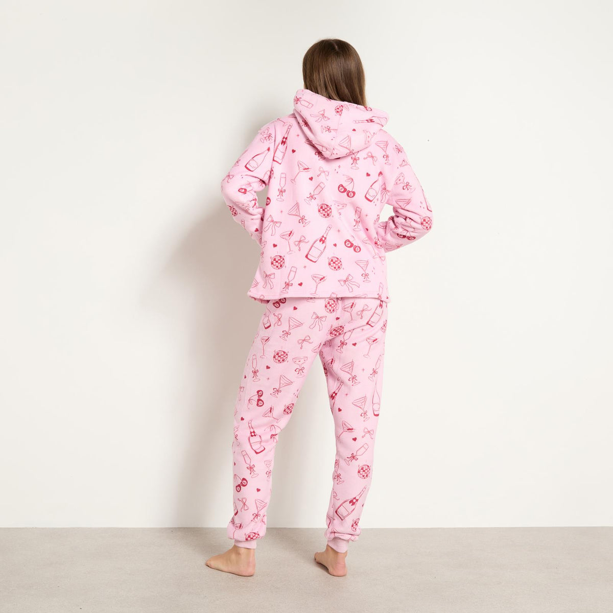 OHS Bow Print Loungewear Set Winter Sherpa Nightwear 2-Piece Hoodie Jogger Gift