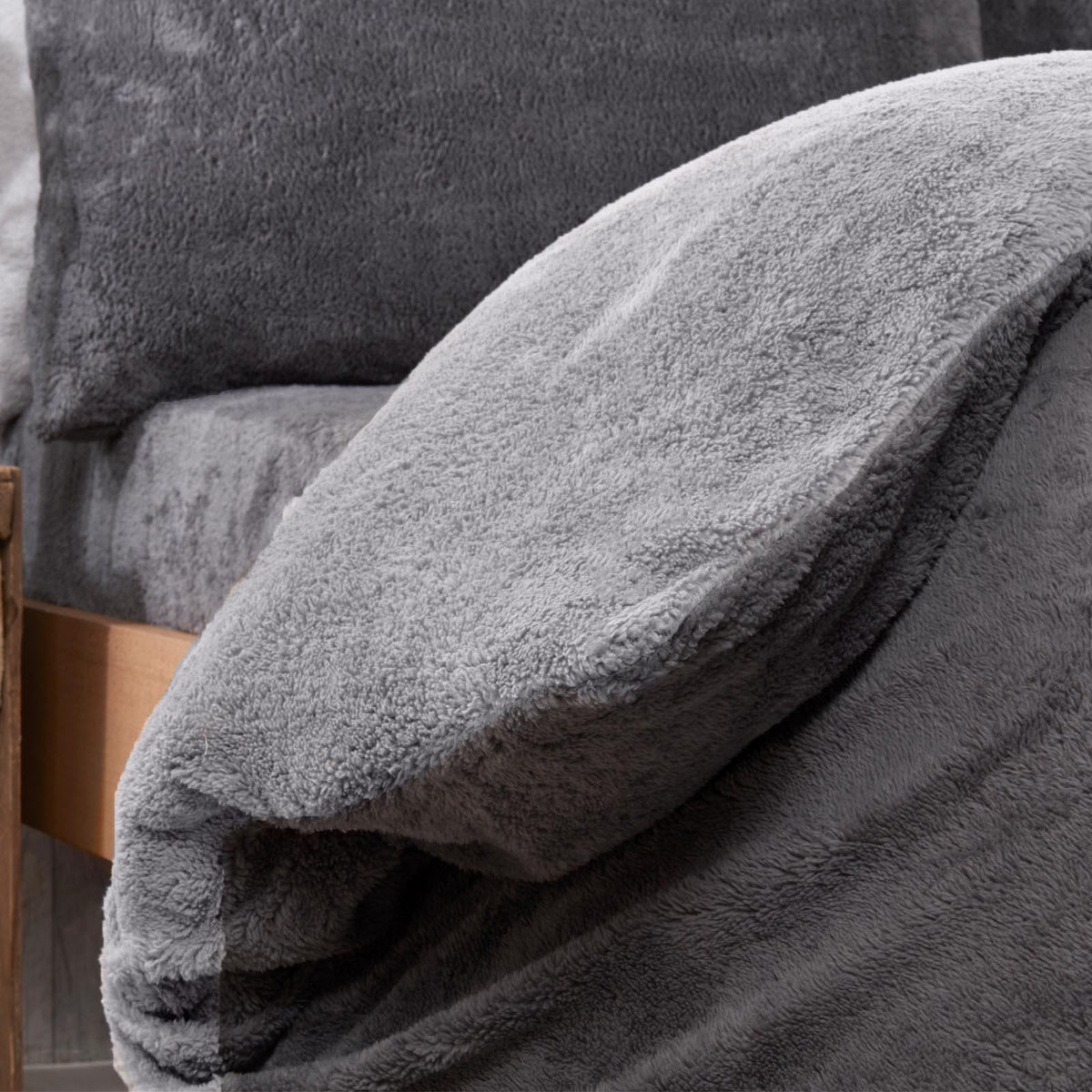 OHS Reversible Teddy Fleece Duvet Cover with Pillowcase Bedding Set Grey