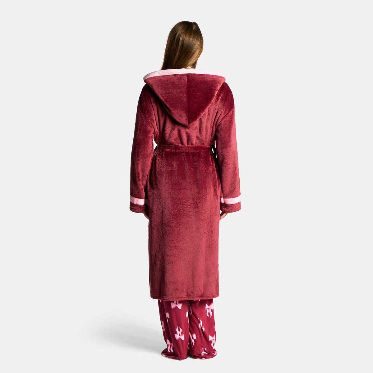 OHS Piped Edge Dressing Gown Flannel Fleece Winter Loungewear Hooded Bathrobe