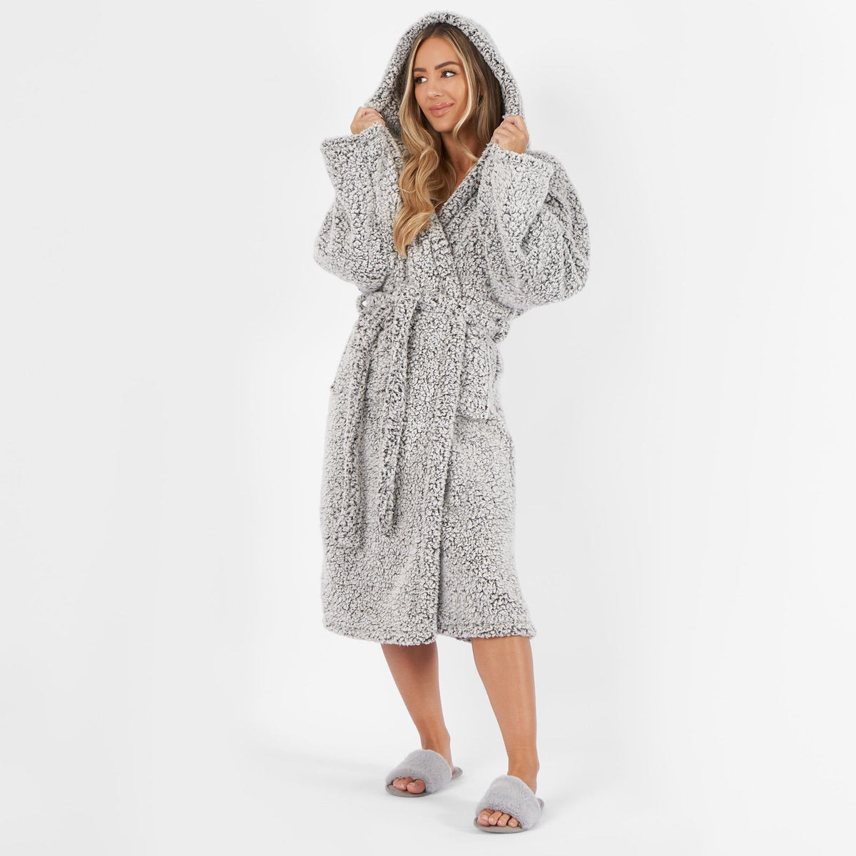 OHS Teddy Marl Fleece Soft Adults Dressing Gown Unisex Full-Length Robe