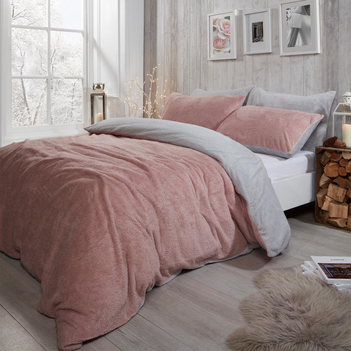 OHS Reversible Teddy Fleece Duvet Cover with Pillowcase Bedding Set Grey