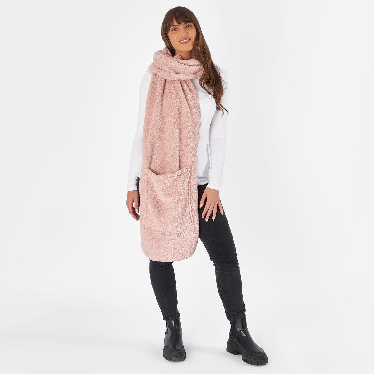 OHS Long Teddy Fleece Scarf Pocket Soft Wrap Plush Womens Shawl Neck Hand Warmer