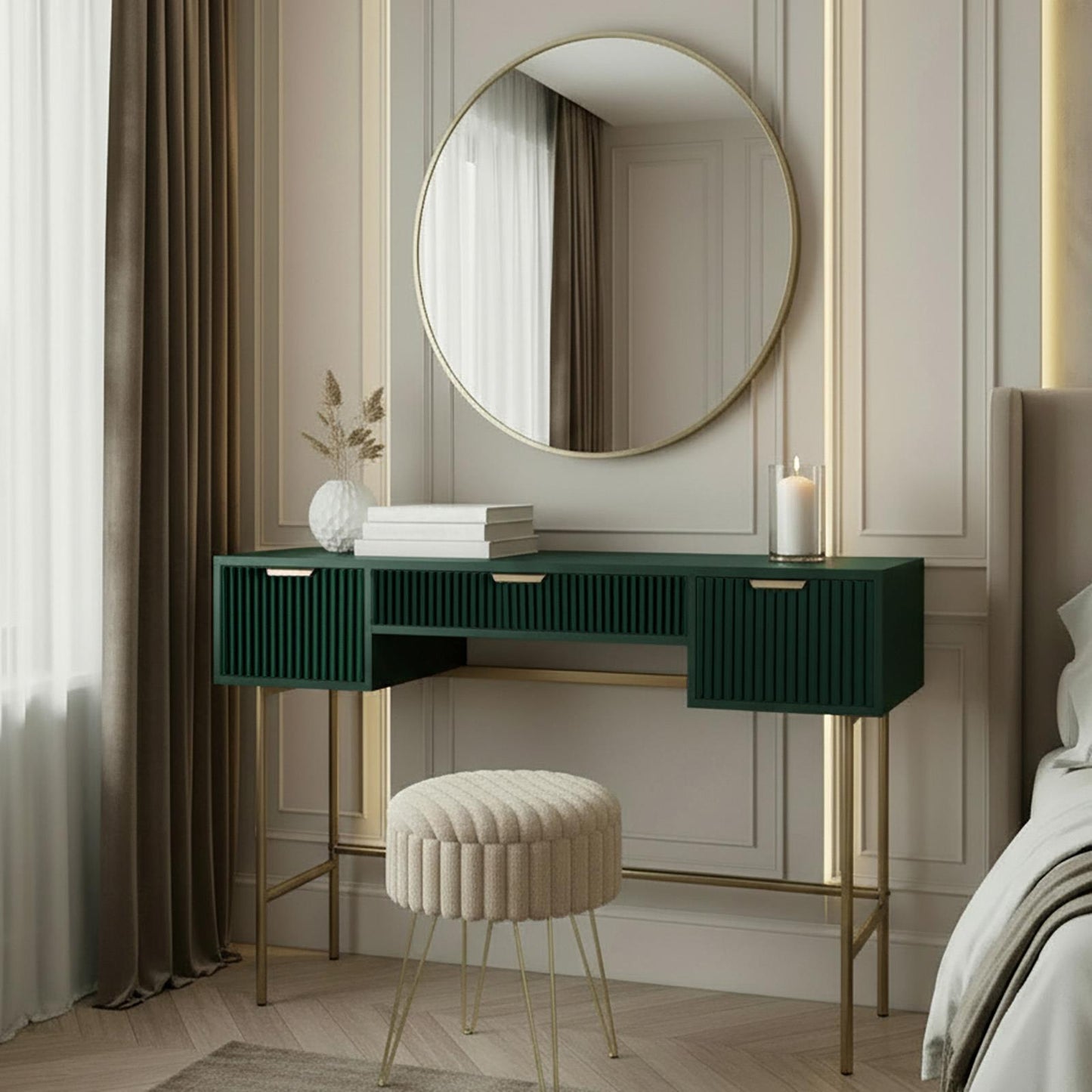 OHS Ribbed Dressing Table Engineered Wood Makeup Vanity Desk with 3 Drawers