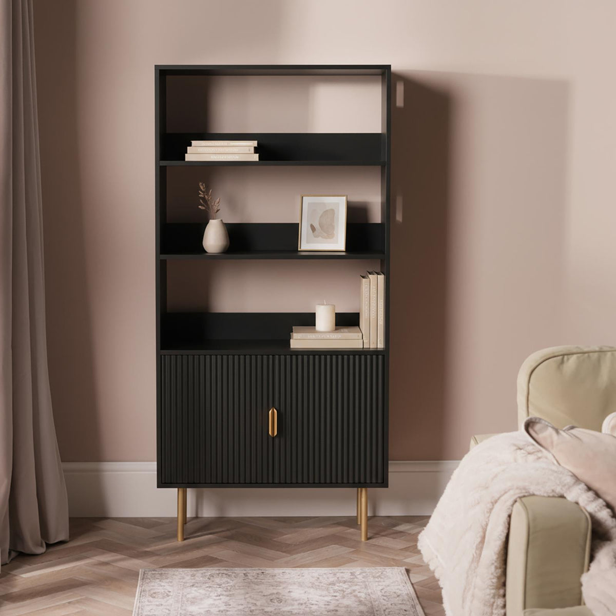 OHS Ribbed Display Cabinets 4 Tier Engineered Wood Shelf Storage Unit