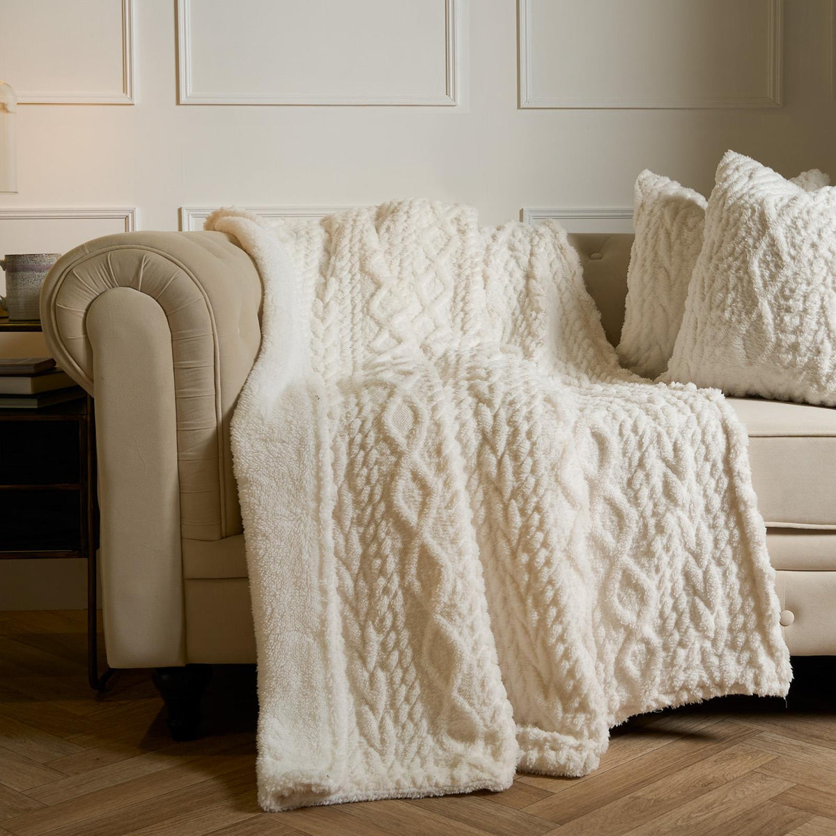 OHS Cable Knit Blanket Sherpa Fleece Sofa Plush Soft Warm Throw Over Bed Chair