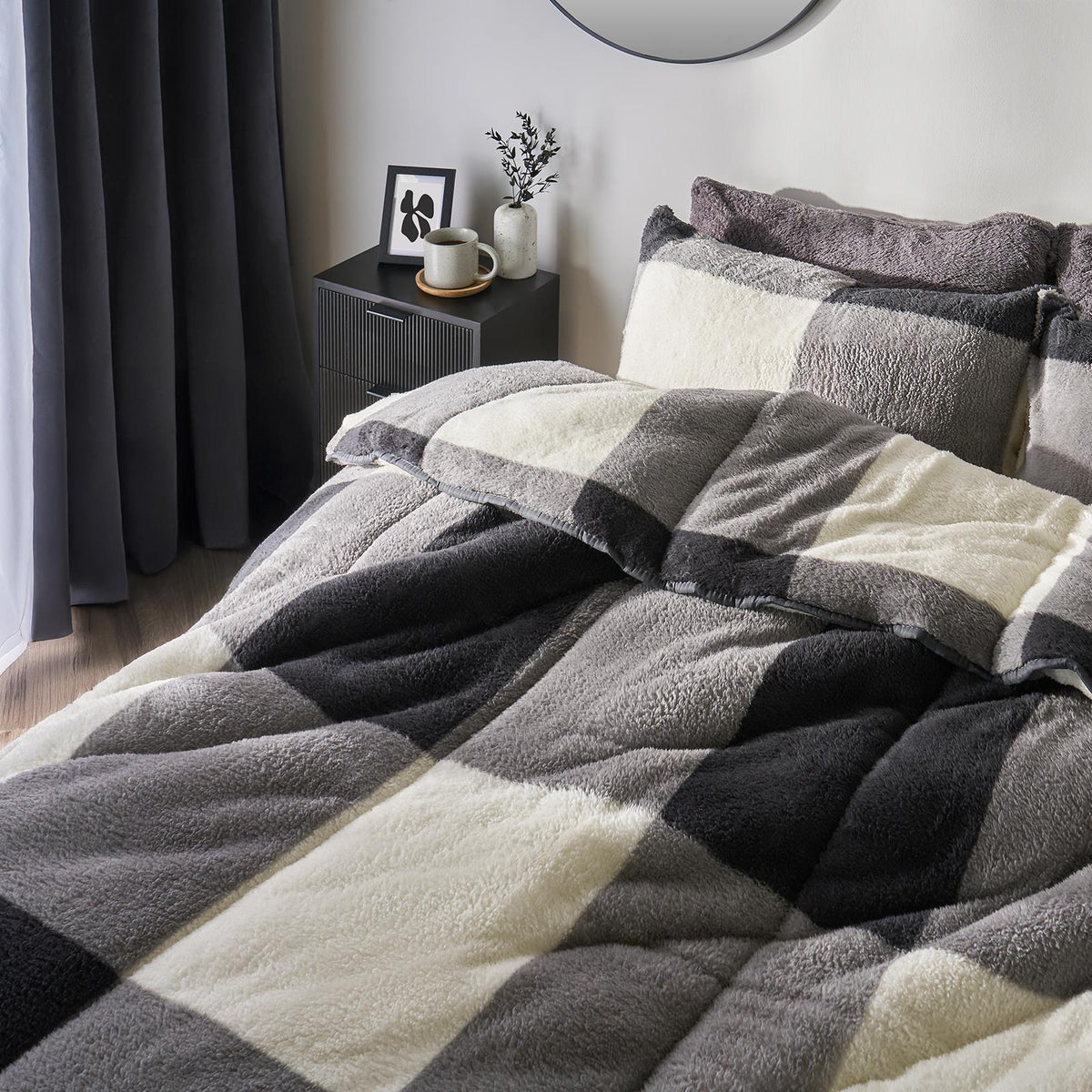 OHS Check Coverless Duvet Pillowcase Bedding Set Teddy Fleece Gingham 10.5 TOG