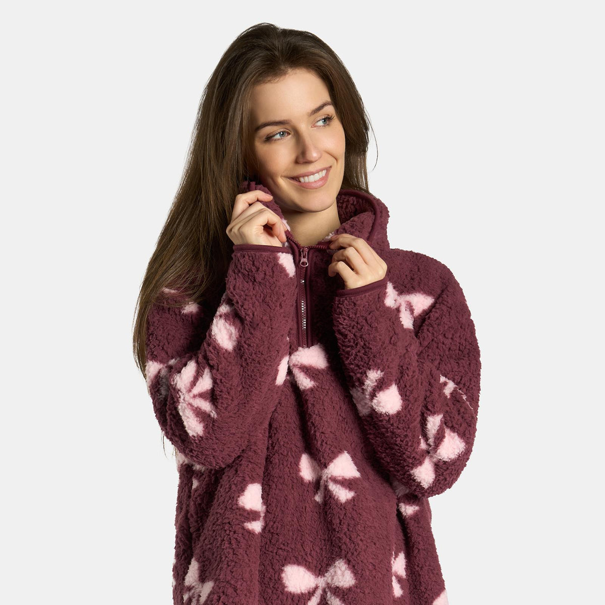 OHS Print Teddy Fleece Half Zip Jumper Womens Pullover Sweatshirt Long Sleeve
