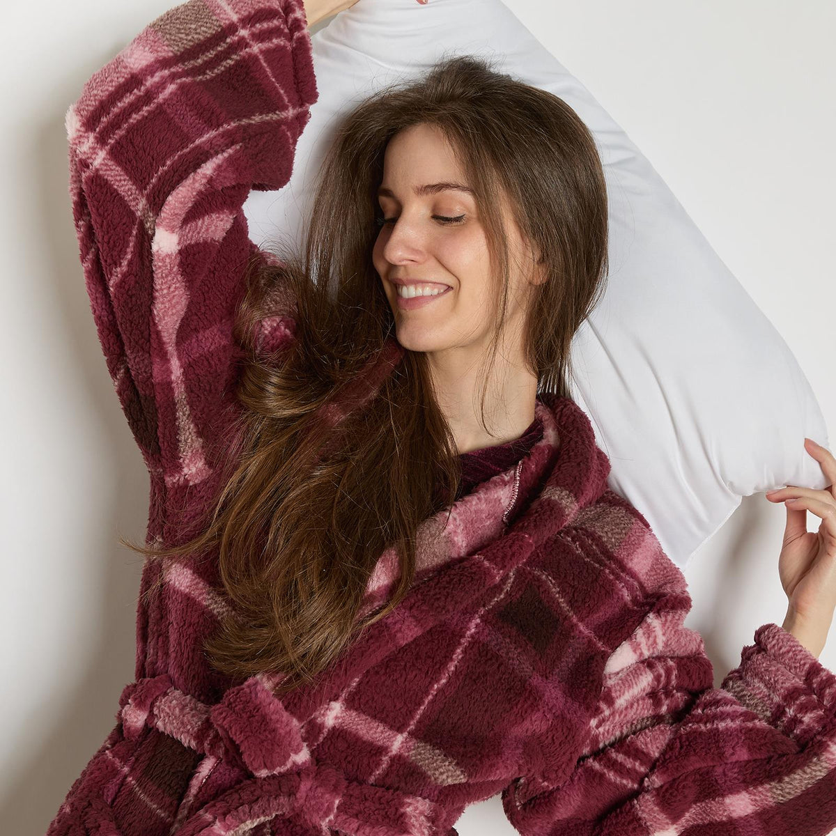 OHS Teddy Dressing Gown Tartan Check Soft Unisex Hooded Xmas Loungewear Robe