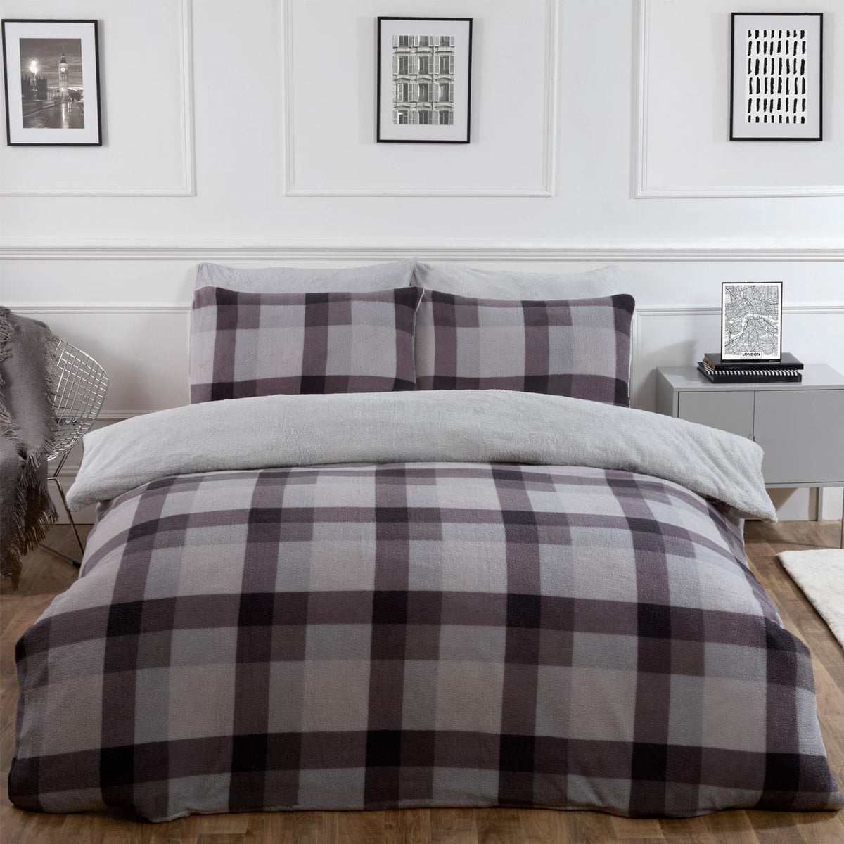 Dreamscene Check Teddy Fleece Duvet Cover with Pillowcase Thermal Bedding Set UK