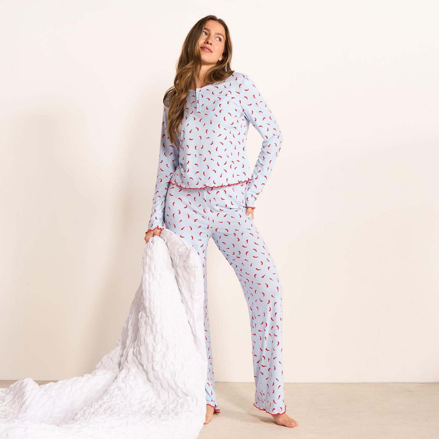 OHS Print Jersey Pyjama Set Womens Lettuce Edge Sleepwear Nightwear Loungewear