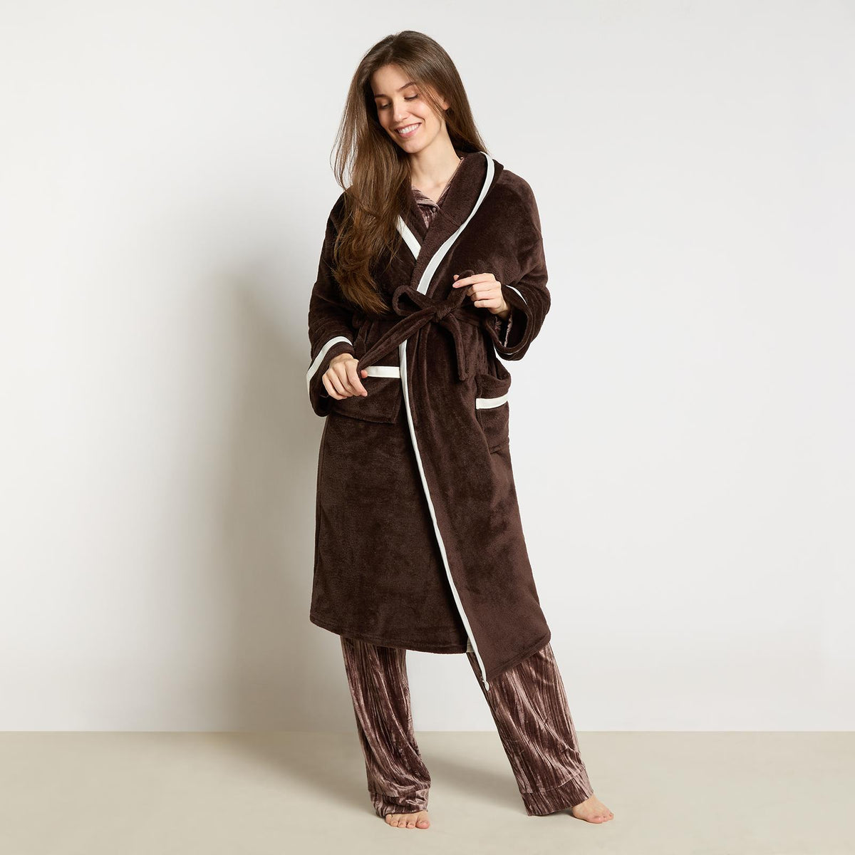 OHS Piped Edge Dressing Gown Flannel Fleece Winter Loungewear Hooded Bathrobe