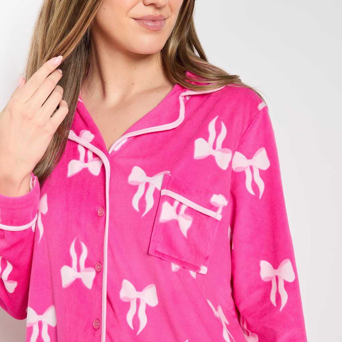 OHS Bows Pyjama Set Womens Button Through Baby Fleece Loungewear Nightwear
