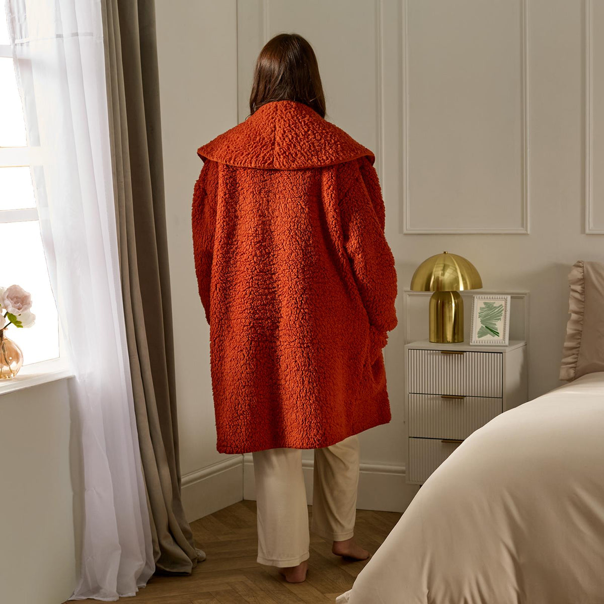 OHS Waterfall Cardigan Warm Teddy Fleece Open Front Wrap Loungewear Outwear