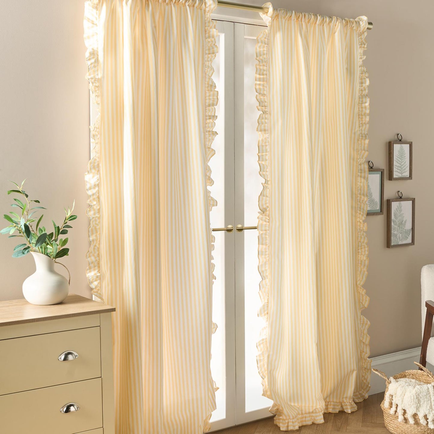 OHS Stripe Frill Voile Net Curtains 2 Window Panels Sheer Rod Slot Top Pair Set