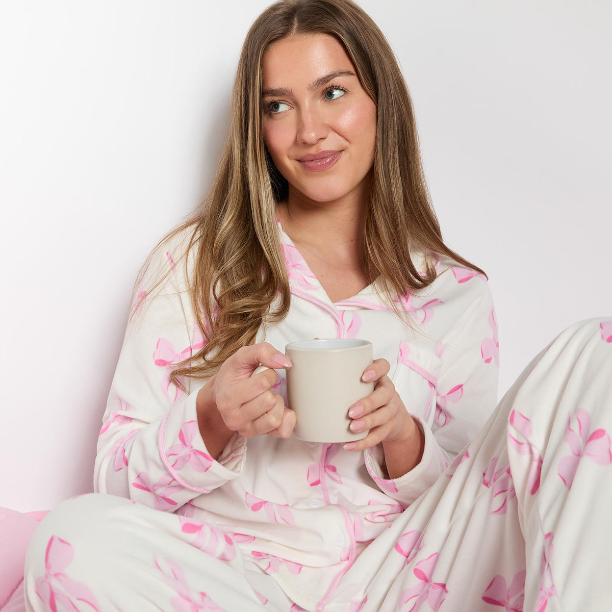 OHS Bows Pyjama Set Womens Button Through Baby Fleece Loungewear Nightwear