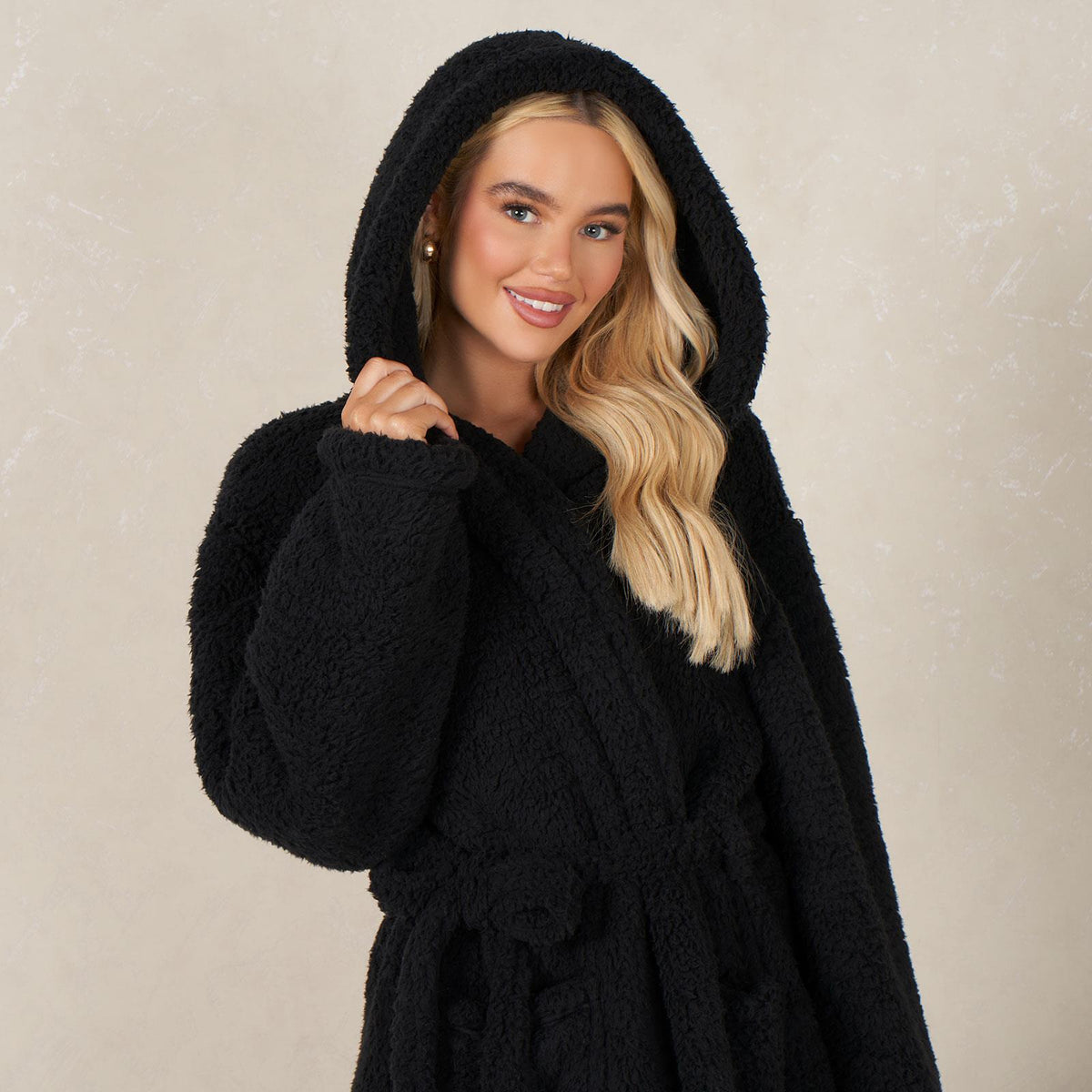 OHS Teddy Fleece Long Dressing Gown Ladies Warm House Coat Hooded Long Cosy Robe