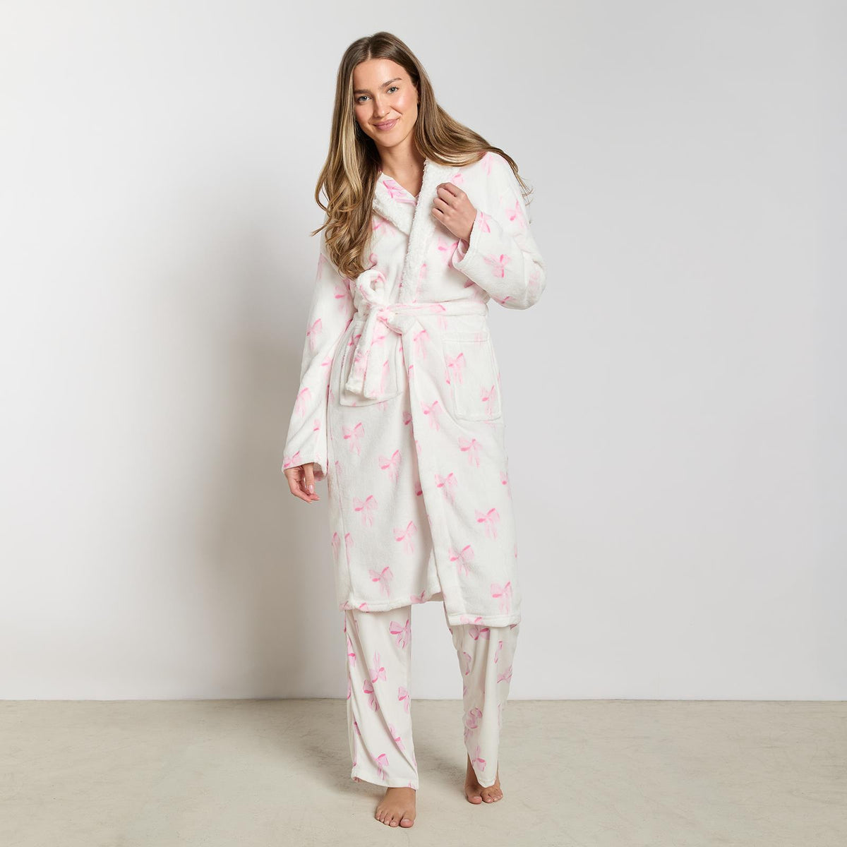 OHS Bows Dressing Gown Flannel Winter Sherpa Lined Loungewear Hooded Bathrobe