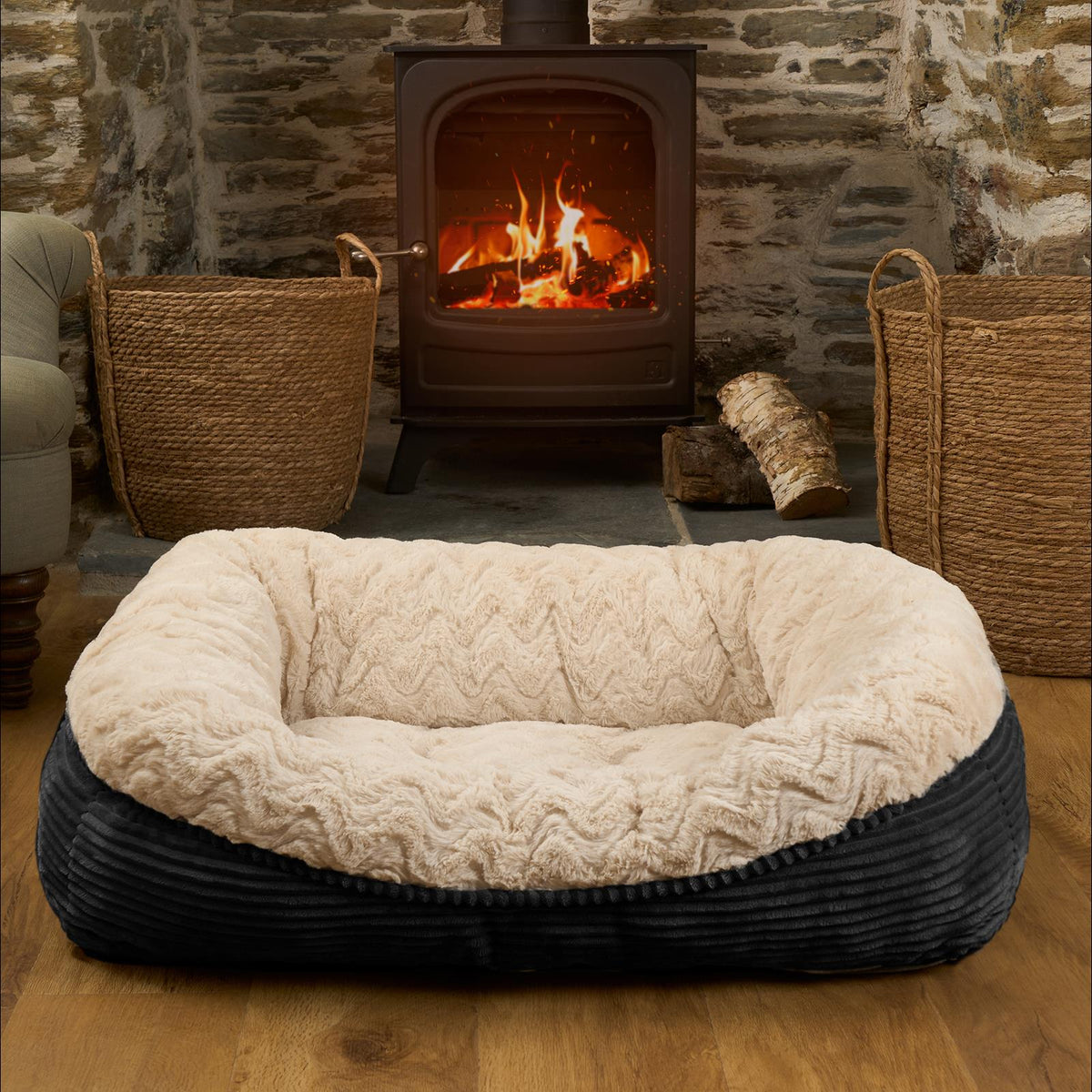 Dog Bed Washable Plush Soft Faux Fur Fleece Ribbed Pet Basket Cushion Warm Cosy