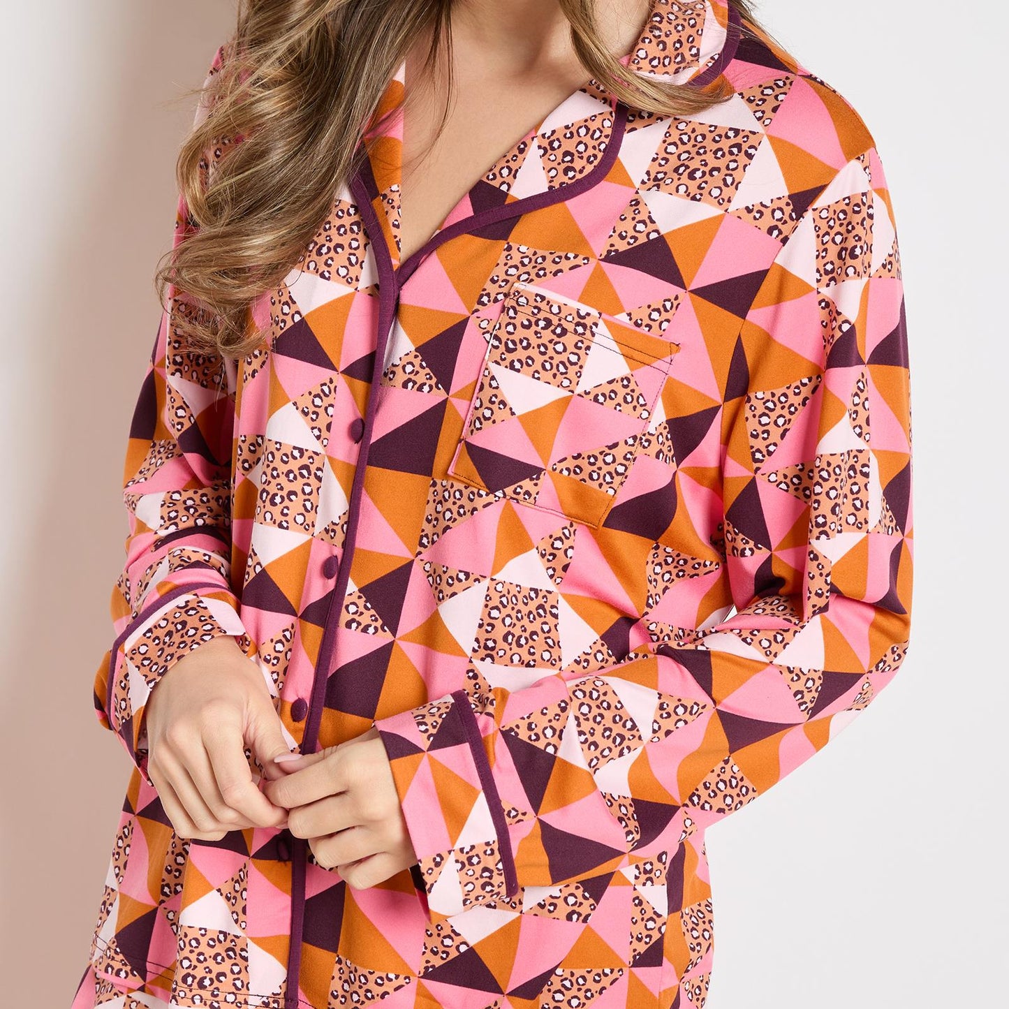 OHS Geo Print Pyjama Set Jersey Button Through Ultra Soft Nightwear Loungewear