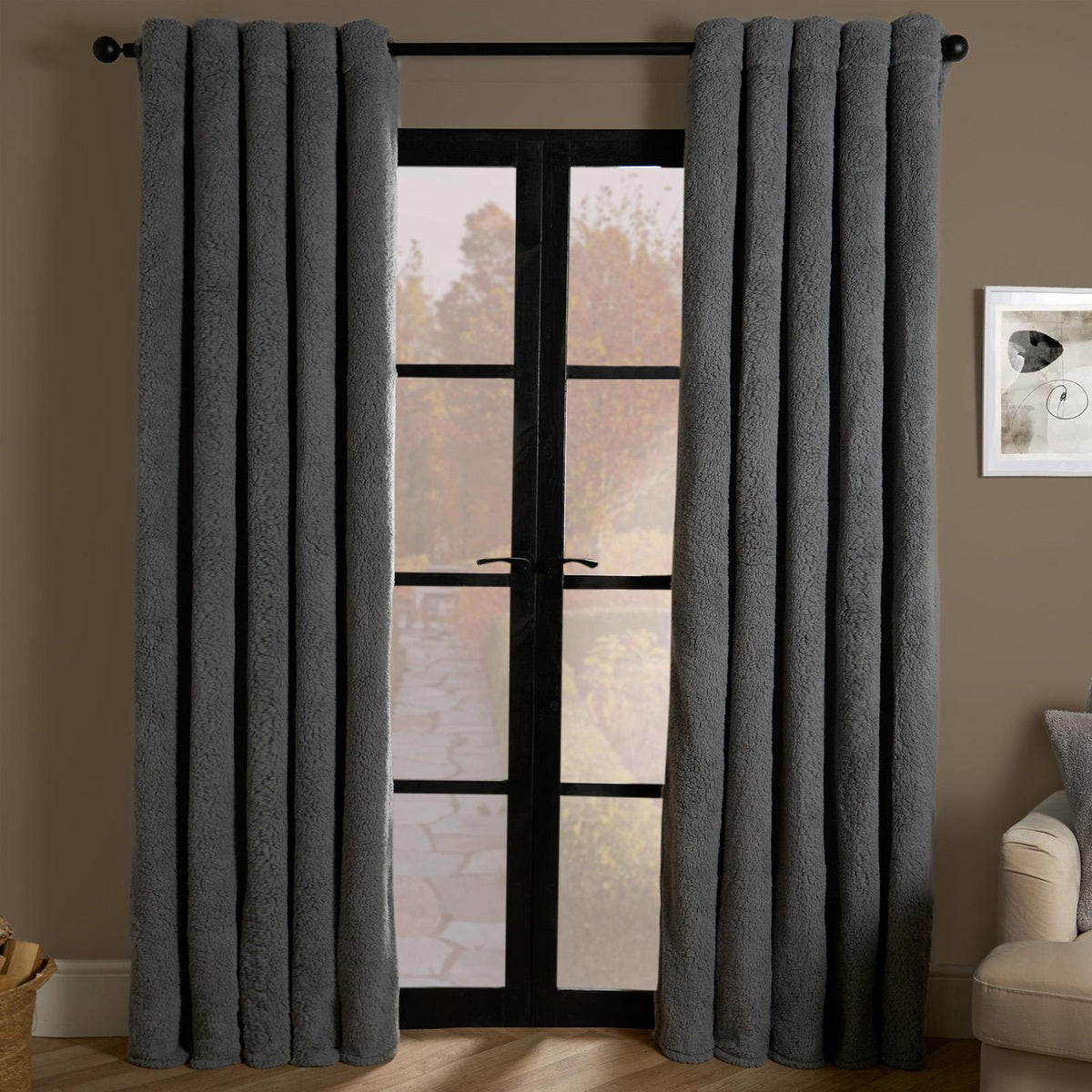 Teddy Fleece Eyelet Curtains Thermal Pair Ready Made Soft Thick Fabric Ring Top