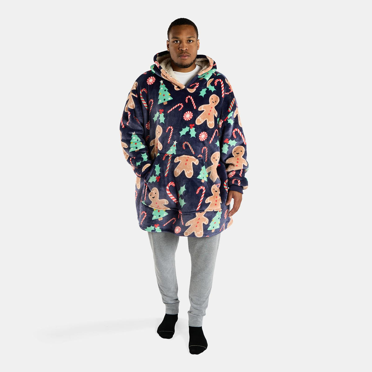 OHS Print Hooded Blanket Adult Xmas Winter Sherpa Lined Throw Oversized Hoodie