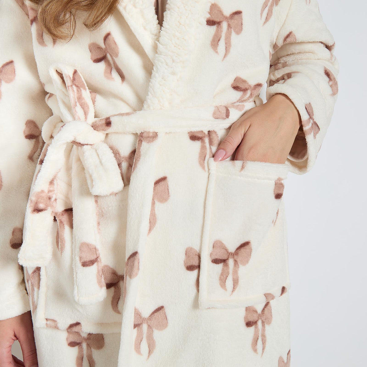 OHS Bows Dressing Gown Flannel Winter Sherpa Lined Loungewear Hooded Bathrobe